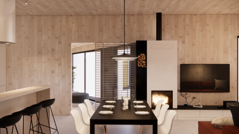 Návrh interiéru rodinného domu - obývacia izba s kuchyňou