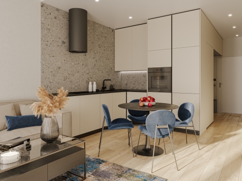Návrh interiéru obývačky s kuchyňou