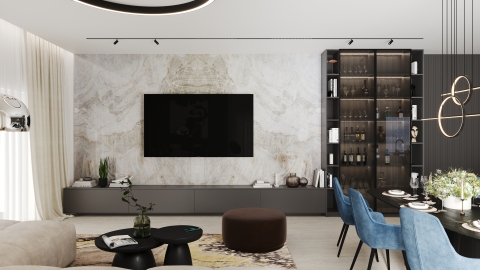 Návrh interiéru apartmánu - obývacia izba s kuchyňou
